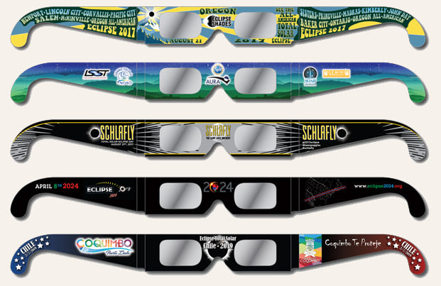 An assortment of customized solar eclipse glasses made by Rainbow Symphony 