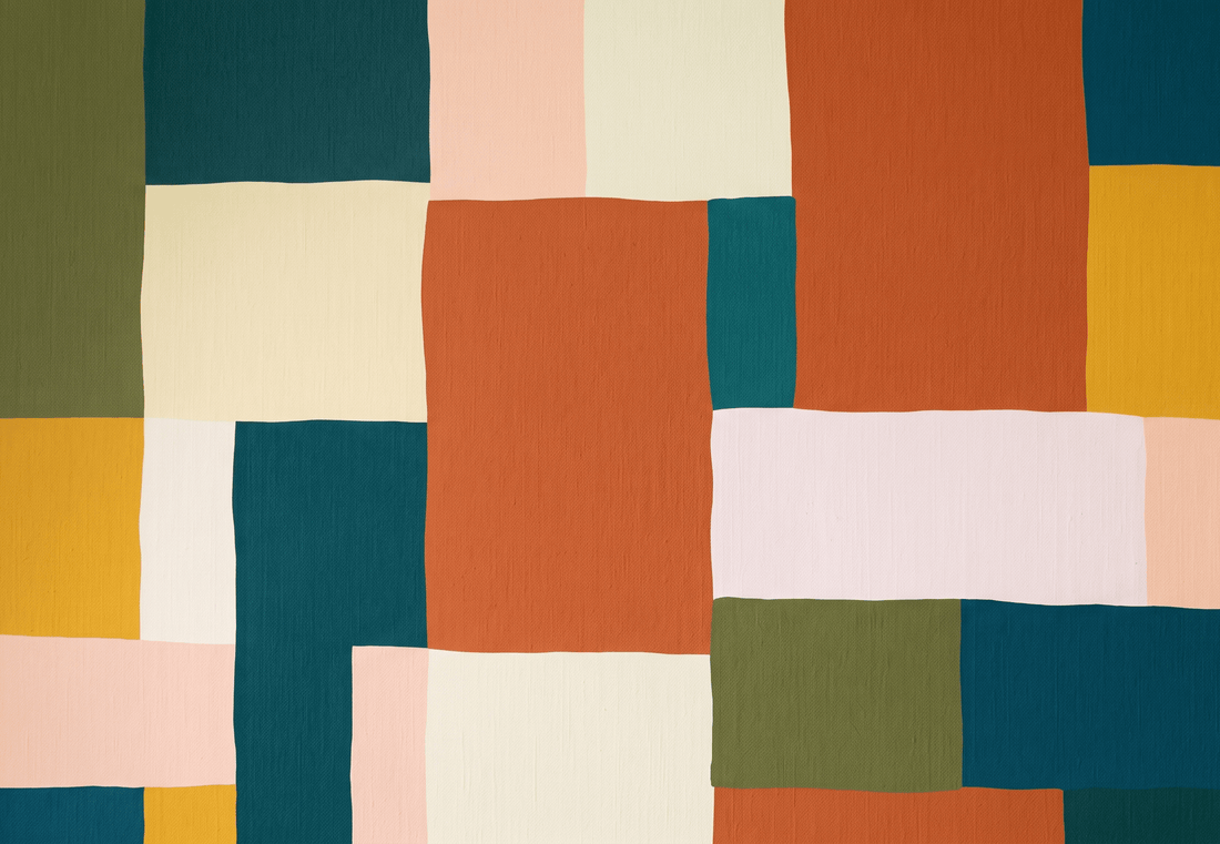 A textured geometric pattern with interlocked blocks of deep green, teal, terracotta orange, mustard yellow, and soft pink.